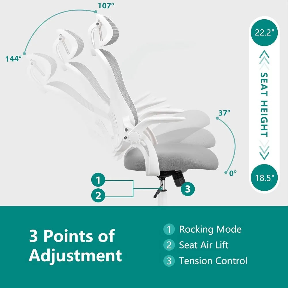 Ergonomic Office Chair, with Wheels and Adjustable Headrest, Comfortable Lumbar Support, and Comfortable Flip Armrests