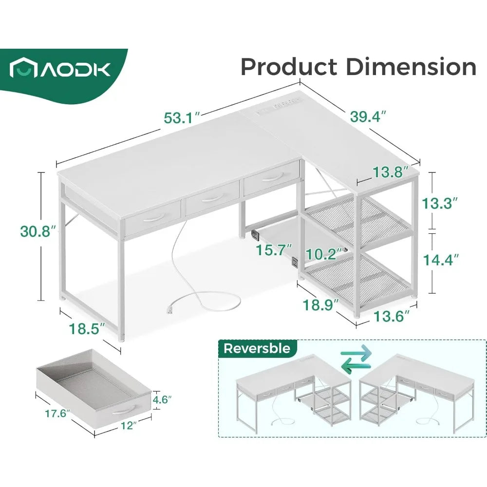 L Shaped Computer Desk with Drawers, Corner Desk with Power Outlets & Reversible Storage Shelves, Movable CPU Stand