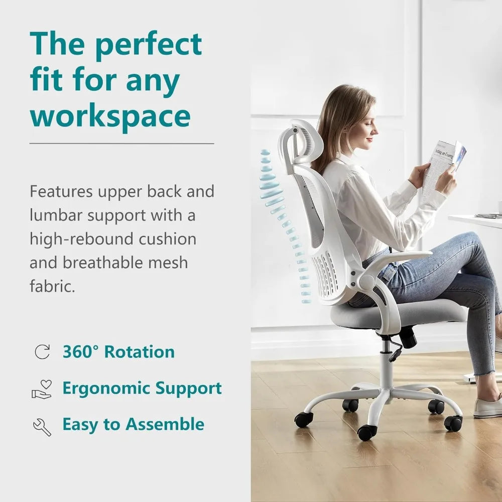 Ergonomic Office Chair, with Wheels and Adjustable Headrest, Comfortable Lumbar Support, and Comfortable Flip Armrests