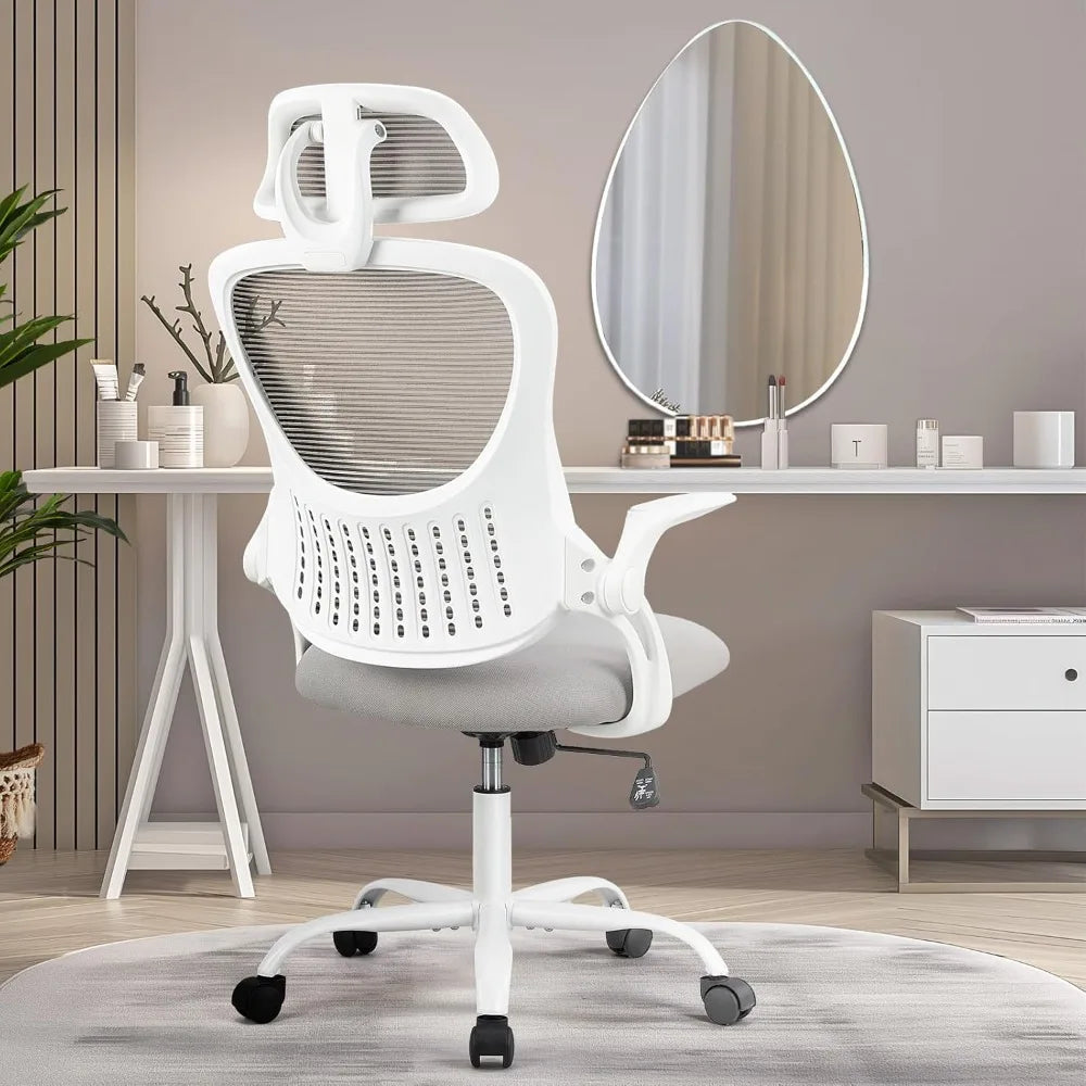 Ergonomic Office Chair, with Wheels and Adjustable Headrest, Comfortable Lumbar Support, and Comfortable Flip Armrests