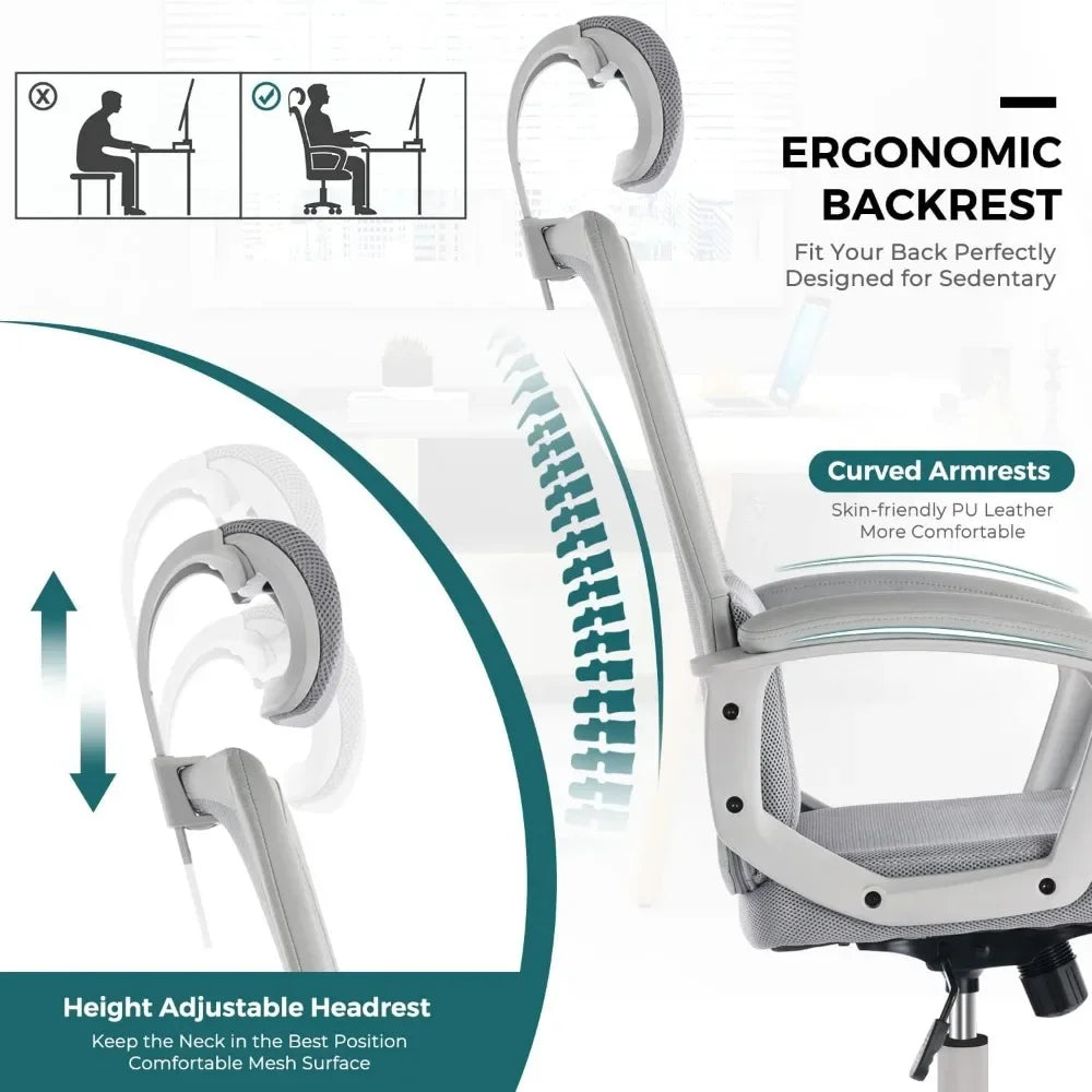 Office Chair, Ergonomic Mesh Home Office Computer Chair /Adjustable Headrest/Armrest and Wheels/Mesh High Back