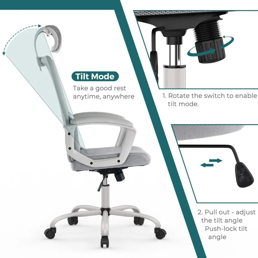 Office Chair, Ergonomic Mesh Home Office Computer Chair /Adjustable Headrest/Armrest and Wheels/Mesh High Back