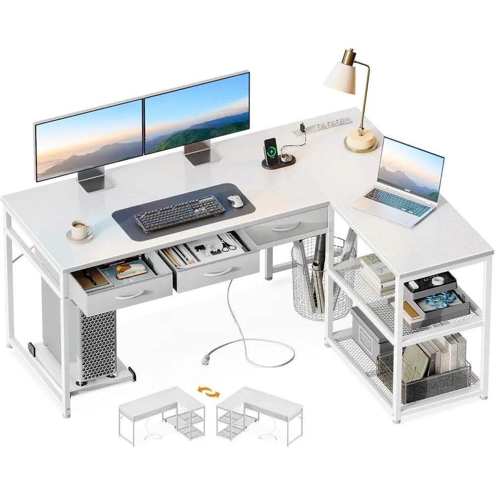 L Shaped Computer Desk with Drawers, Corner Desk with Power Outlets & Reversible Storage Shelves, Movable CPU Stand