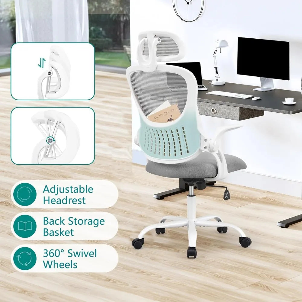 Ergonomic Office Chair, with Wheels and Adjustable Headrest, Comfortable Lumbar Support, and Comfortable Flip Armrests