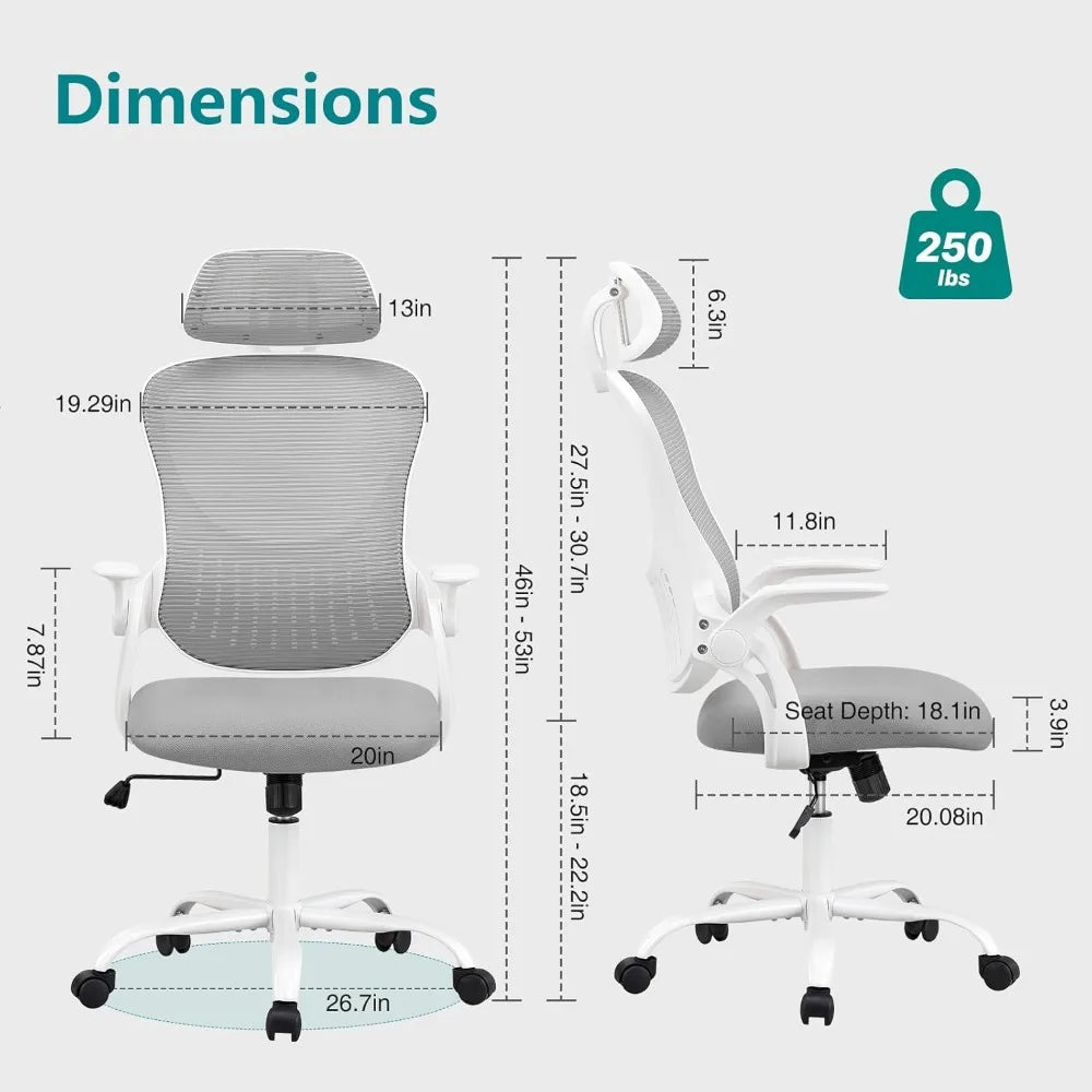 Ergonomic Office Chair, with Wheels and Adjustable Headrest, Comfortable Lumbar Support, and Comfortable Flip Armrests